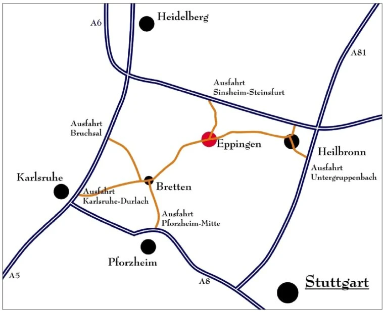 Eppingen liegt im Dreieck zwischen Karlsruhe, Heidelberg und Stuttgart im Kraichgau