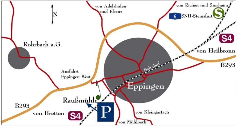 Die Raußmühle liegt westlich von Eppingen, südlich der Bundesstraße B293. Die Adresselautet: Sulzfelder Weg 40, 75031 Eppingen.